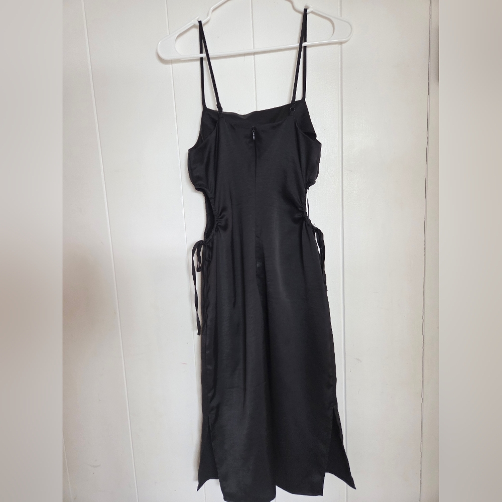 HOUSE OF HARLOW Satin Black Midi Slip Dress Small Side Keyhole Cutout Cocktail - Picture 3 of 12